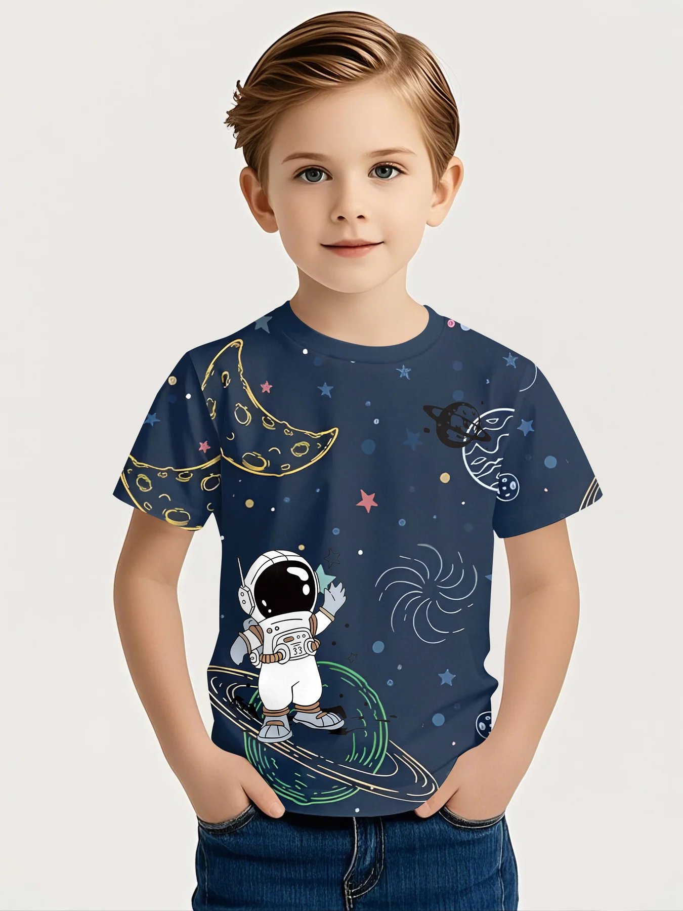 Boys Cartoon Astronaut Space Printed T‑Shirt, Children Navy Blue Galaxy Planet Moon Pattern Short‑Sleeve Casual Daily Tee