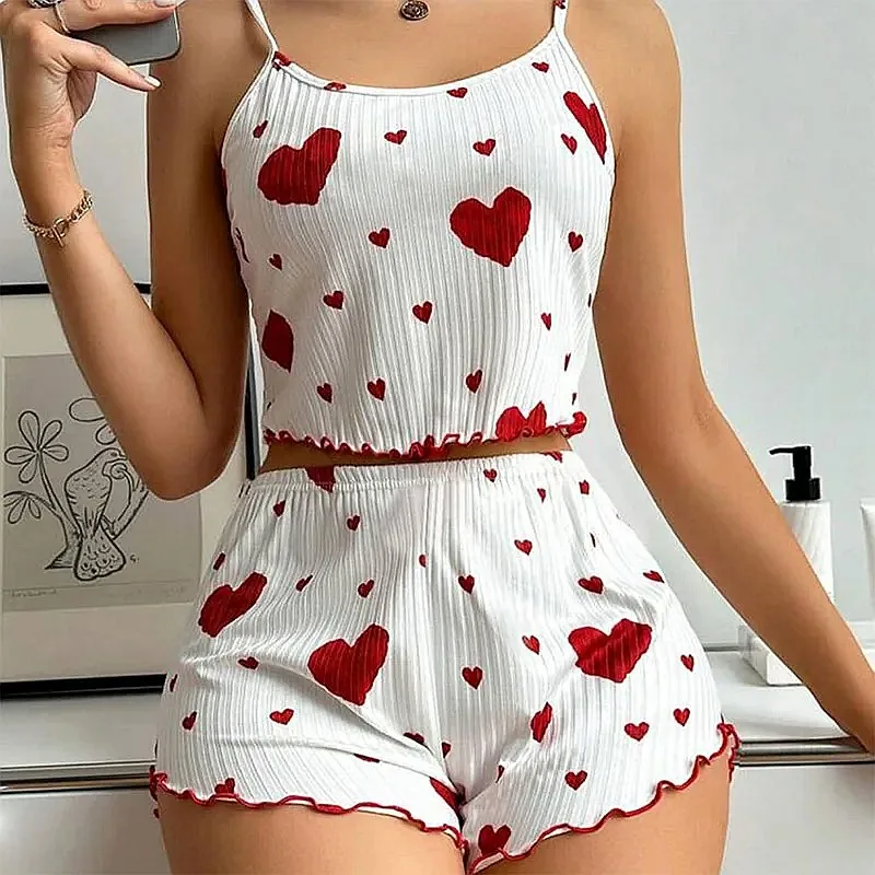 

Women's Pajamas Set 2 Piece Short Sleeve Tank Top and Shorts Soft Breathable Casual Sleepwear with Love Print White S M L