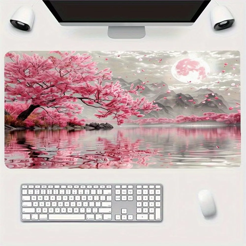 Tapis de souris Quiet Cherry Blossom, conçu sur le thème d'un paysage paisible. Tapis de souris rose à motifs floraux pour accessoires PC