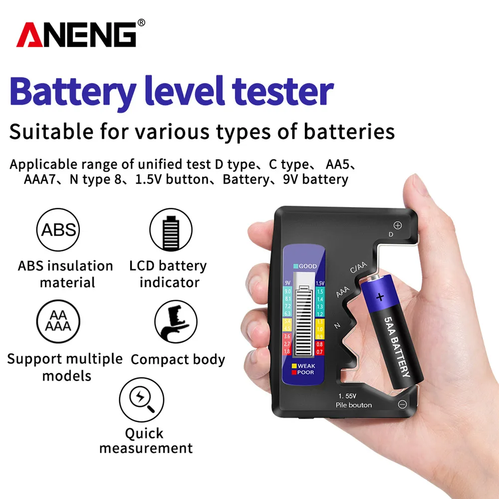 ANENG LCD Display C  AA AAA D N 9V 1.55V Universal Button Cell Battery Tester Volt Capacity Check Detector Capacitance Tool