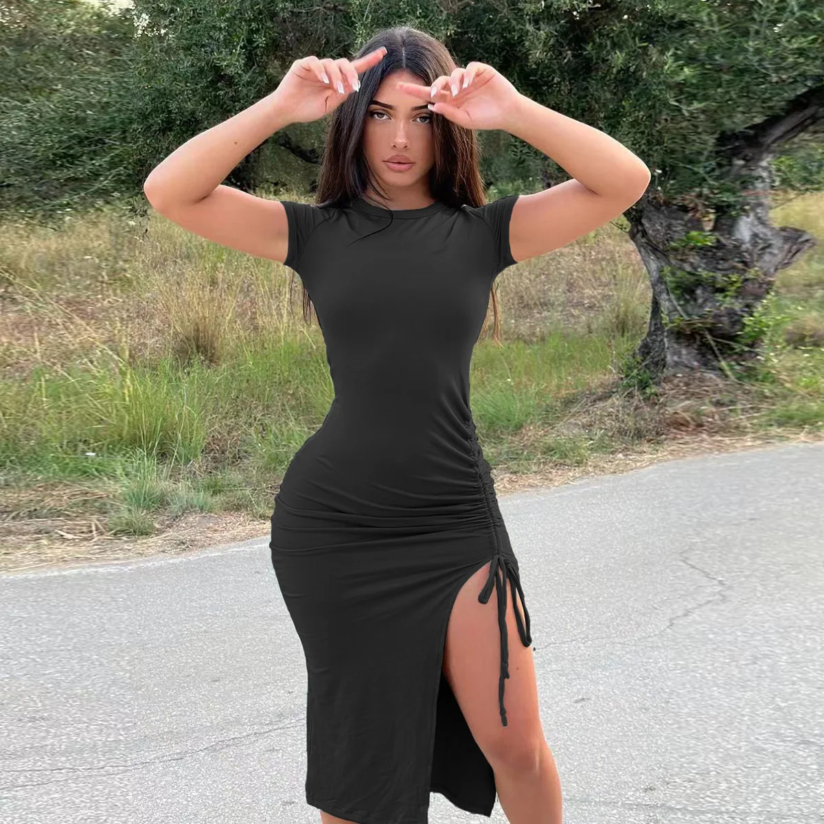 

Сексуальное платье с короткими рукавами и разрезом по бокам, летние кружевные женские платья с круглым вырезом на шнурке, Vestido, большие размеры 9XL, 8XL, 7XL, 6XL, XXXXXL