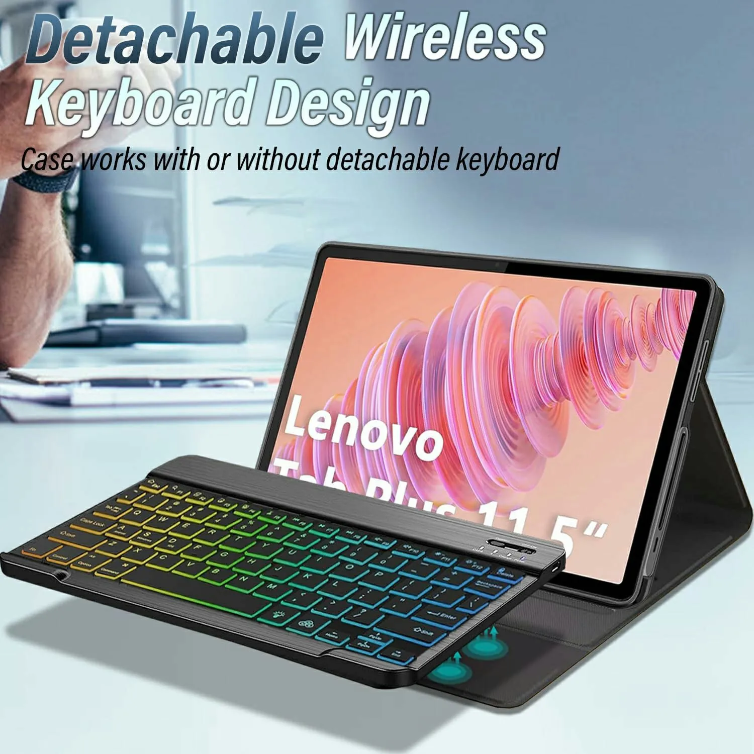 RGB-P11.5 untuk Lenovo Tab Plus 11.5 Inci 2024 (TB351FU) Casing Kulit Keyboard Kompatibel dengan Bluetooth dengan Lampu Latar RGB dengan Slot Pena