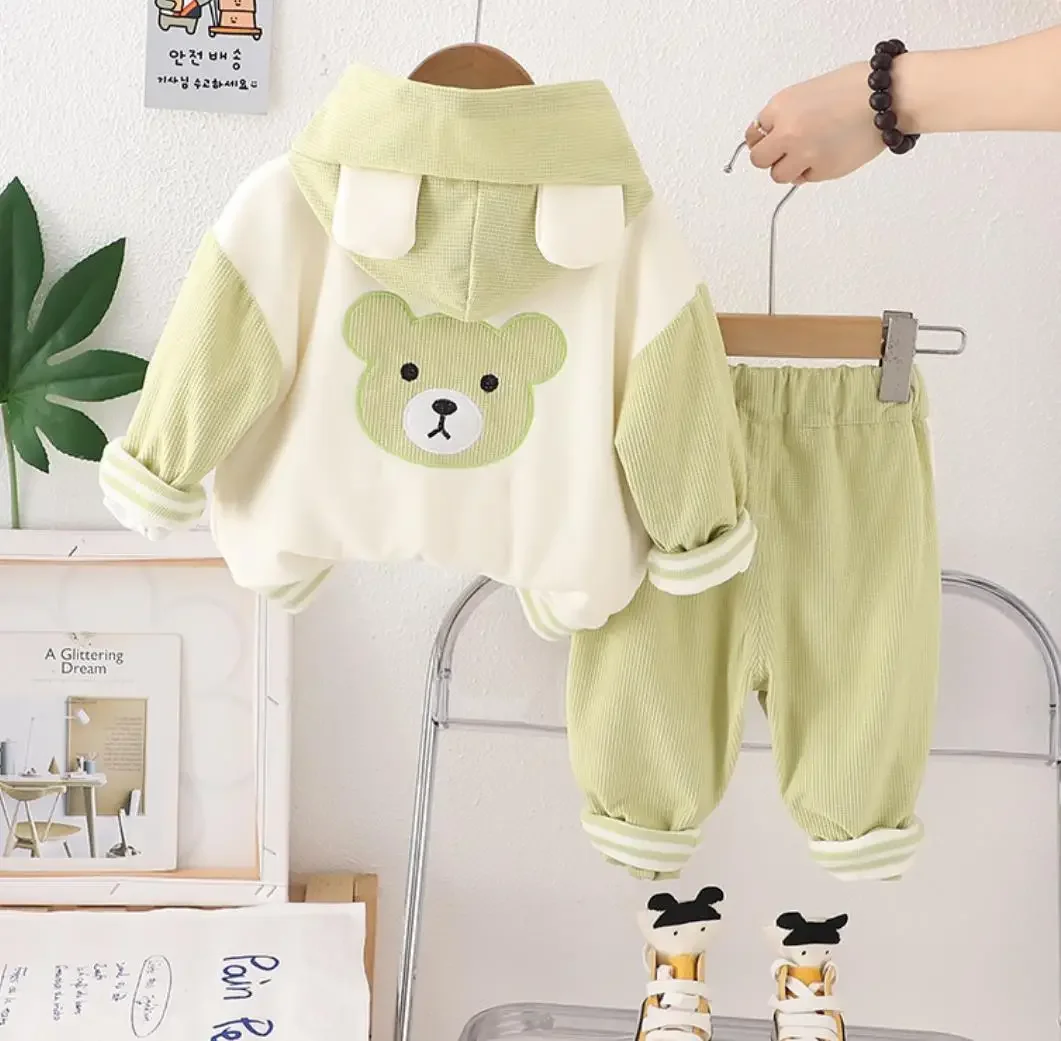 Toddler Outfits for Kids Baby Clothes 6 To 12 Monthes Patchwork Bear Hooded Jackets+White T-shirts+Pants 3Pcs Infant Boys Sets