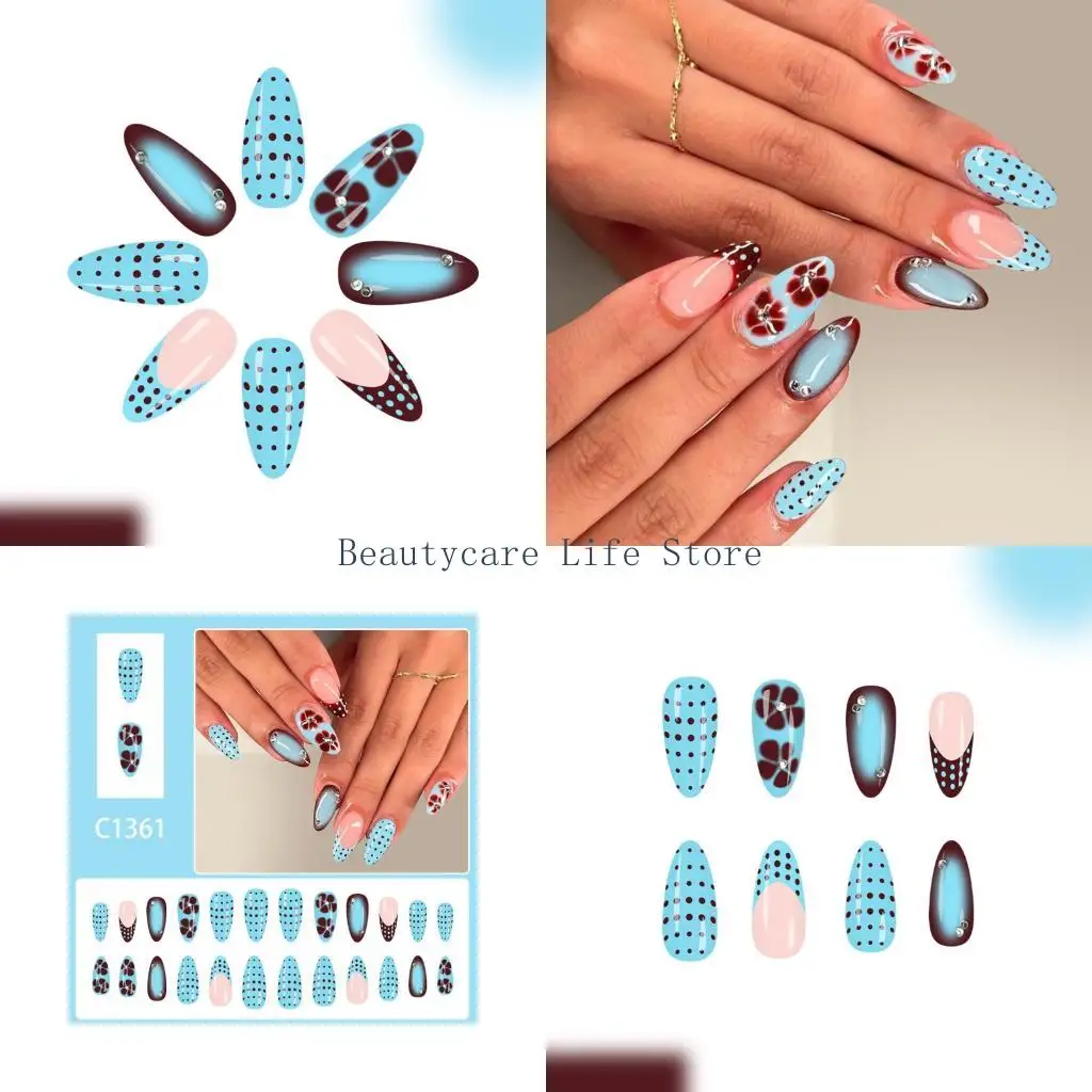 

652C 24PCS French Tip Press On Nail with Sparkling Beads ABS Salon Quality Artificial False Nail For Women Party Daily Use