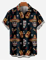 Men's Shirt Skull Guitar Print men's Hawaiian Lapel Top Beach Casual And Comfortable men's short-sleeved Shirt 2024 New Style