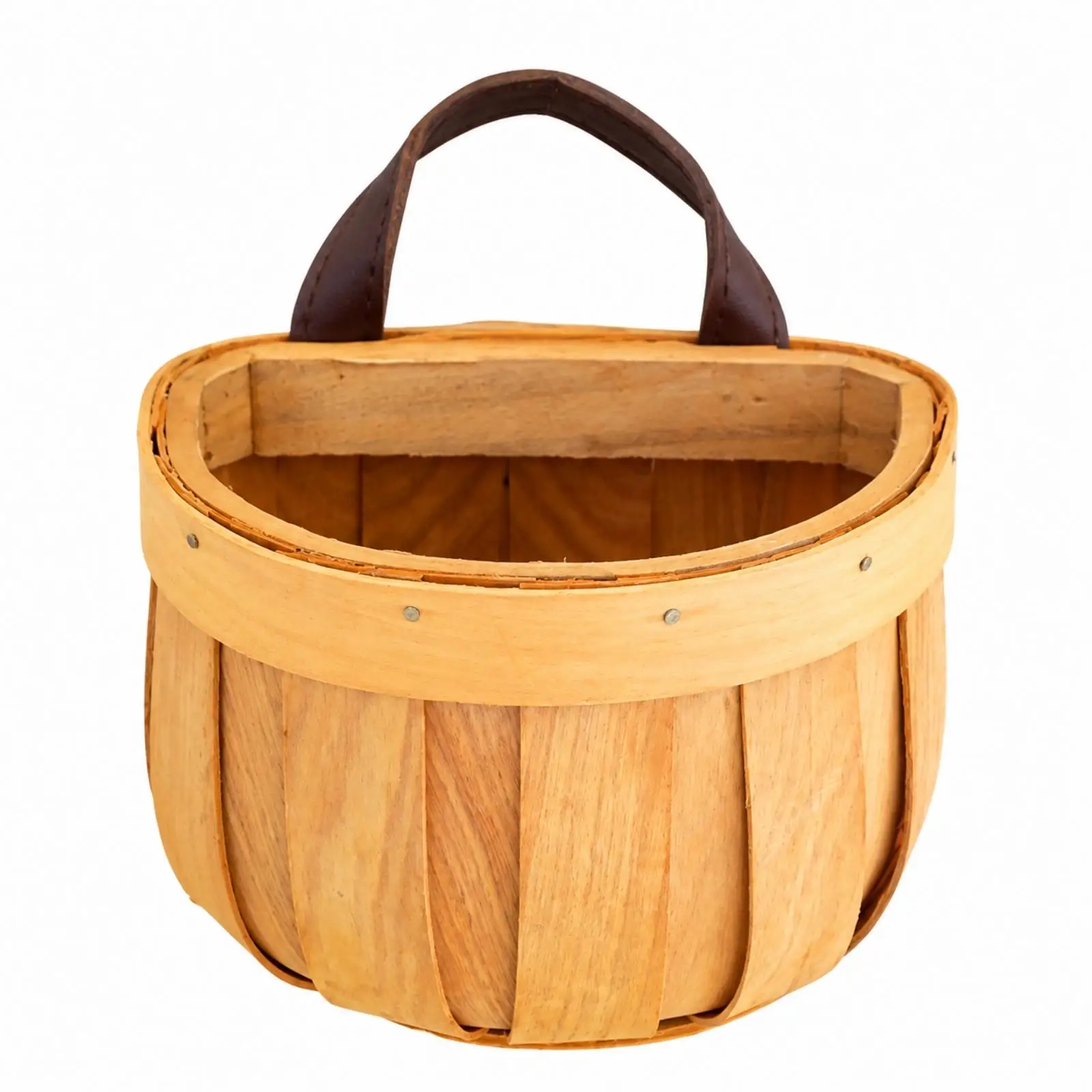 Pumpkin Shaped Wooden Wall Hanging Basket with Leather Handle for Kitchen Storage Organizer view 2