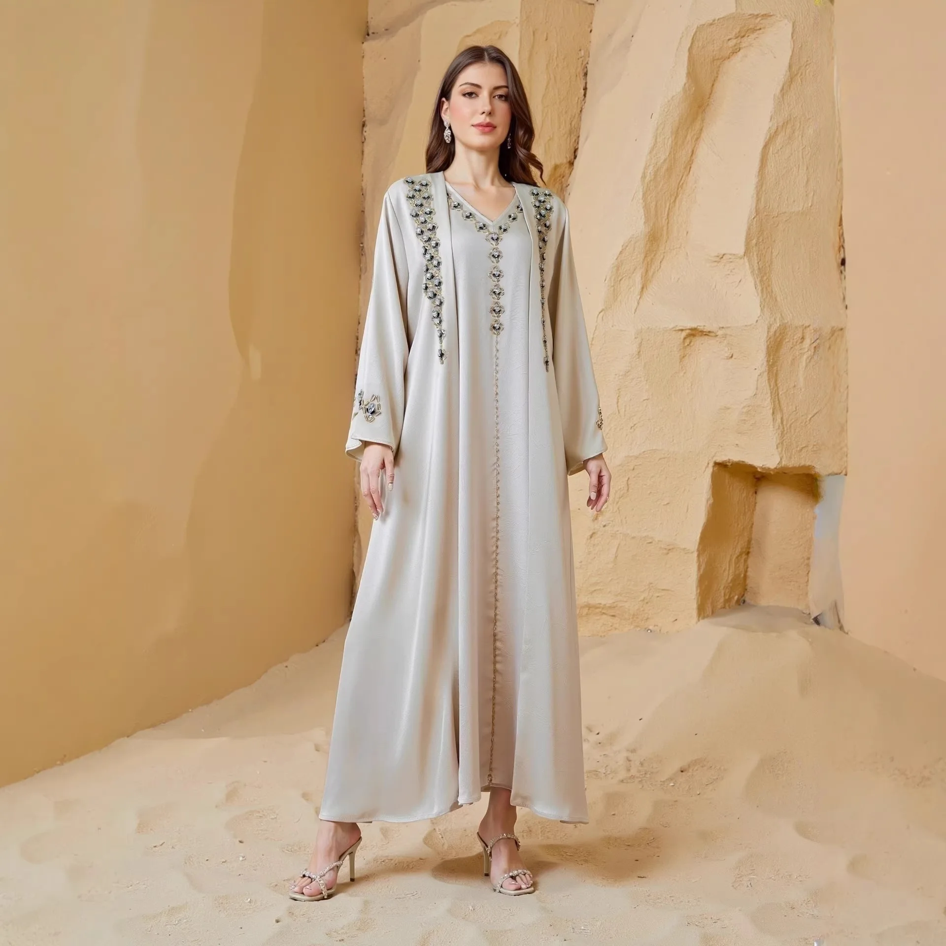 

Dress Suit Women Eid Muslim Abaya Dresses Cardigan Robe 2 Piece Set Beading Jalabiya Ramadan Morocco Dubai Party Kaftan Vestidos