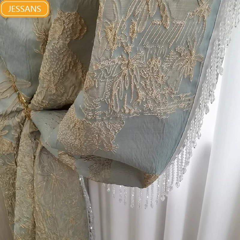 

Blue Grey Gold Silk Jacquard Leopard Three-dimensional Relief Curtains for Bedroom Living Room Villa French Window Customized