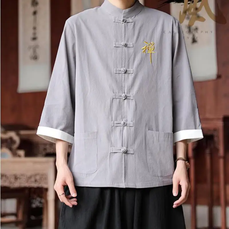 Elegant Chinese Style Frog Clasp Shirt with Zen Calligraphy Embroidery | 2025 New Arrival Boho Chic Men's Women's Top Plus Size