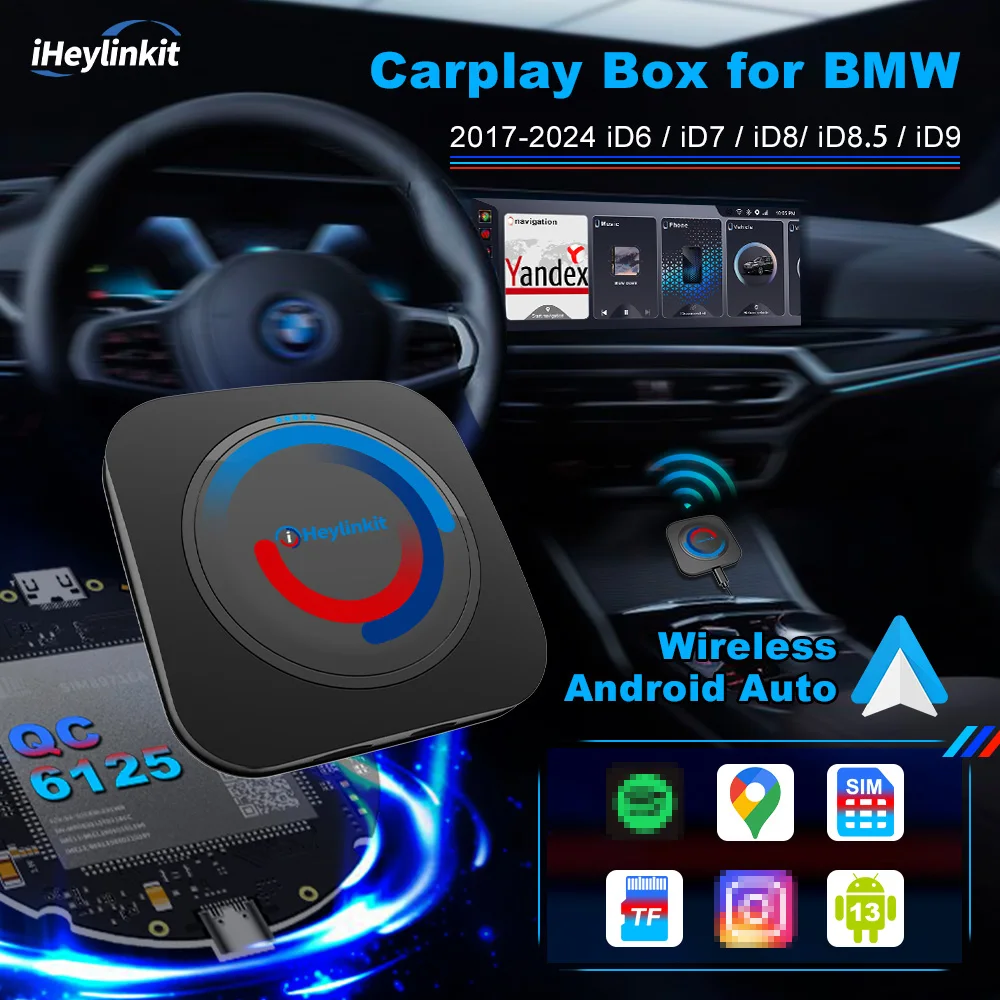 For BMW ID6 ID7 ID8 ID9 Support Android 13.0 QCM6125 Wireless Android Auto Adapter Google Play 4G SIM 128GB TF Plug&Play