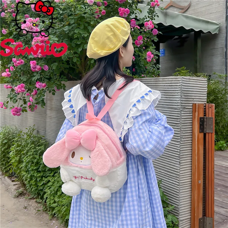 

Sanrio Melody Kuromi Cinnamoroll Backpack Cute Girl School Bag Plush Cartoon Backpack Small Outdoor Purse Tote Bag