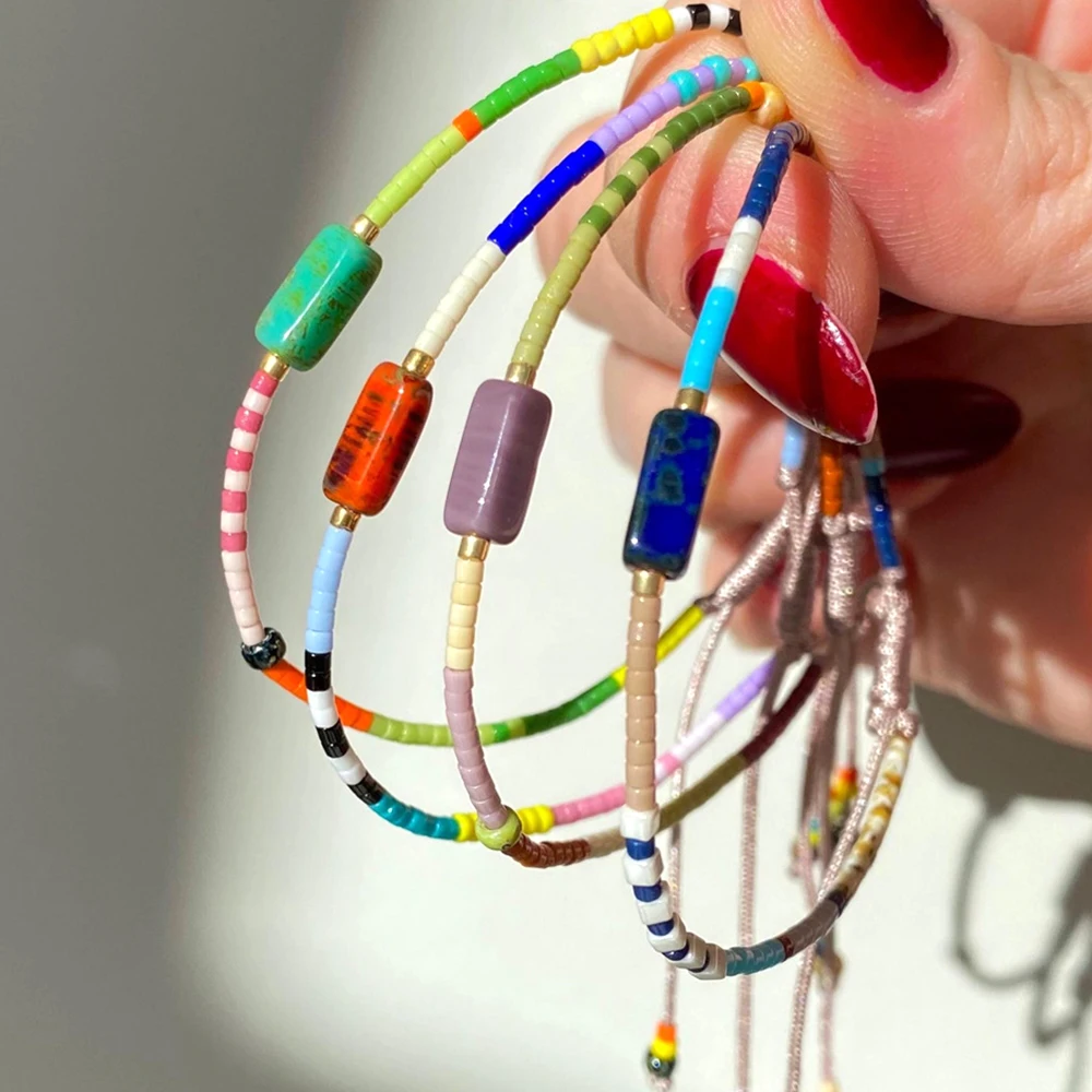 Bohemian Colorful Beaded Bracelet for Women - Adjustable Wax Rope with Natural Stone, Handmade Stackable Boho Wrist Jewelry Gift