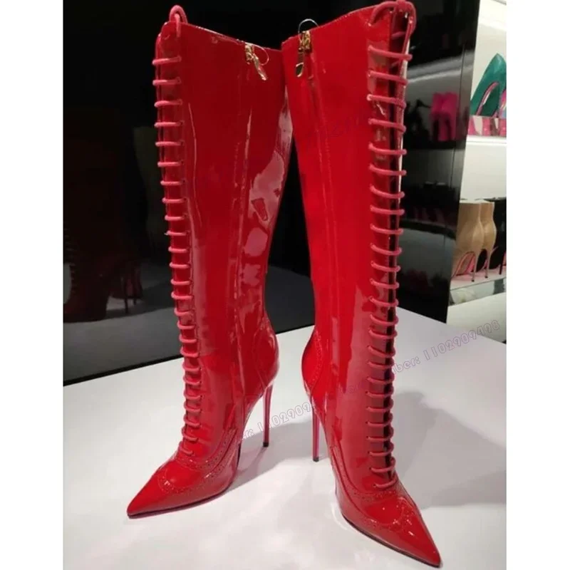 

Red Cross Tied Pointed Toe Boots Patent Leather Side Zipper Shoes for Women Thin High Heels Sexy Shoes 2023 Zapatos Para Mujere