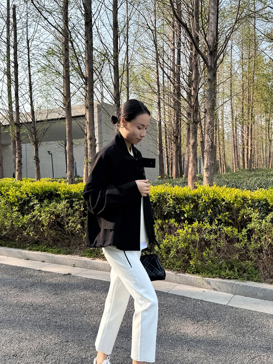 

the Ease New Bla Casual Versatile Jaet ort Outerwear Stand Collar Dstring Top Women's Faion Spring Season