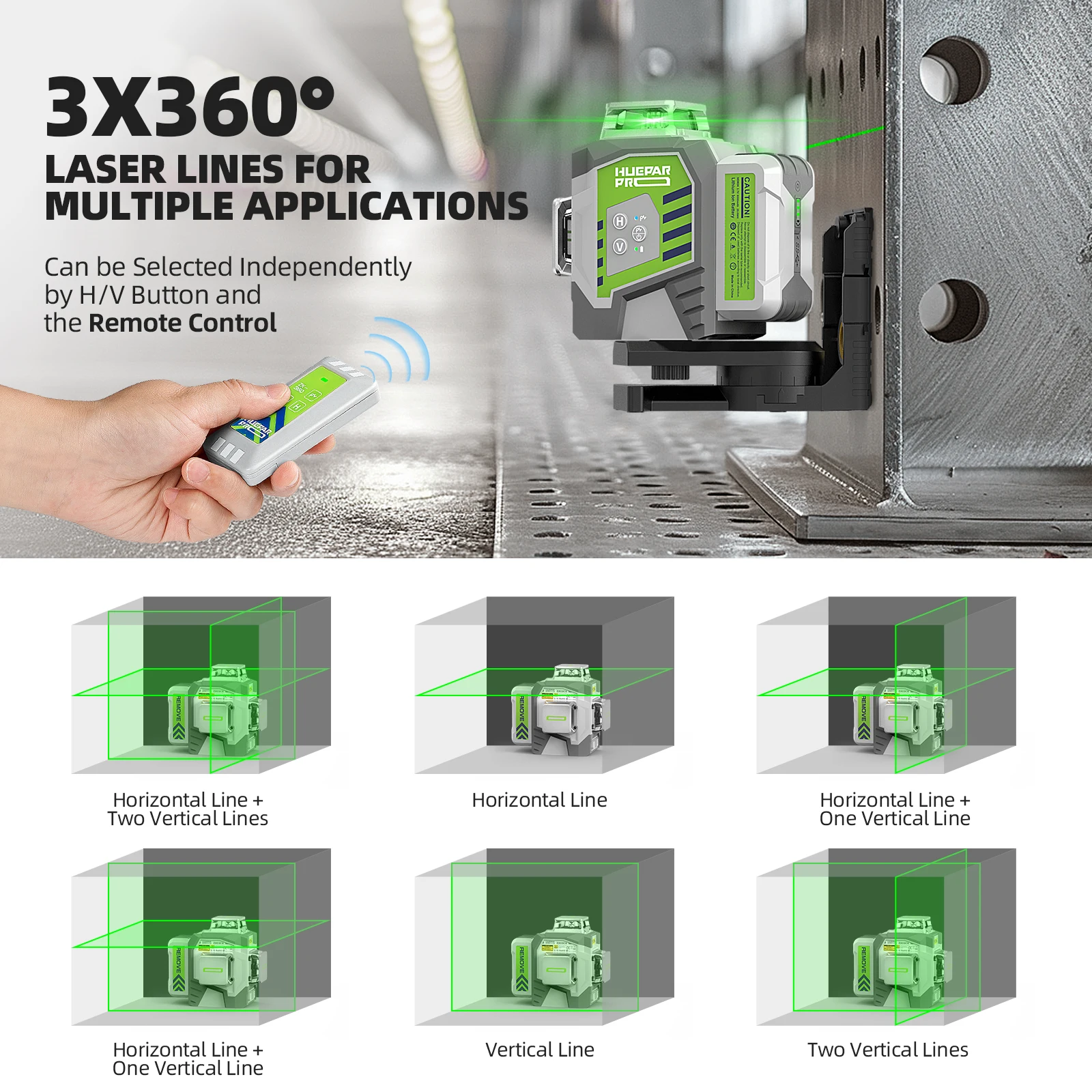 Huepar 12 Lines 3D Laser Level High Accuracy ±2mm/10m Self-leveling Green Beam 360°Cross Line Laser Tools With Li-ion Battery