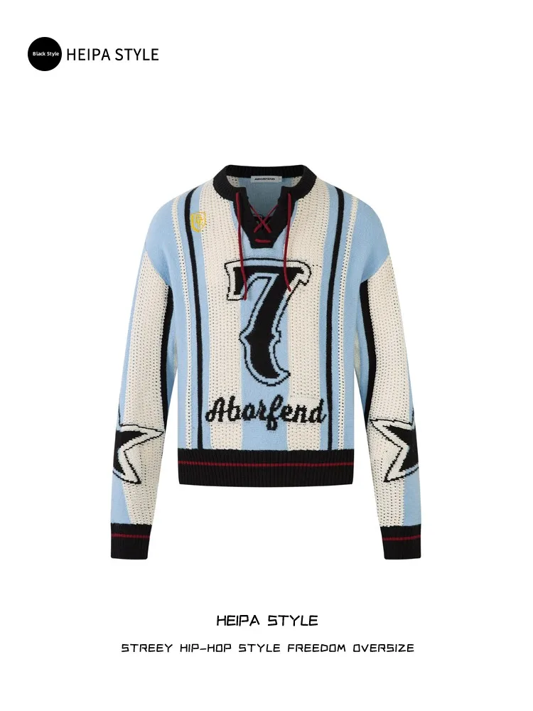 

Мужской и женский свитер с V-образным вырезом, ажурный, с длинными рукавами, вязаный, в ретро-американском стиле, в полоску, осенне-зимний дизайн.