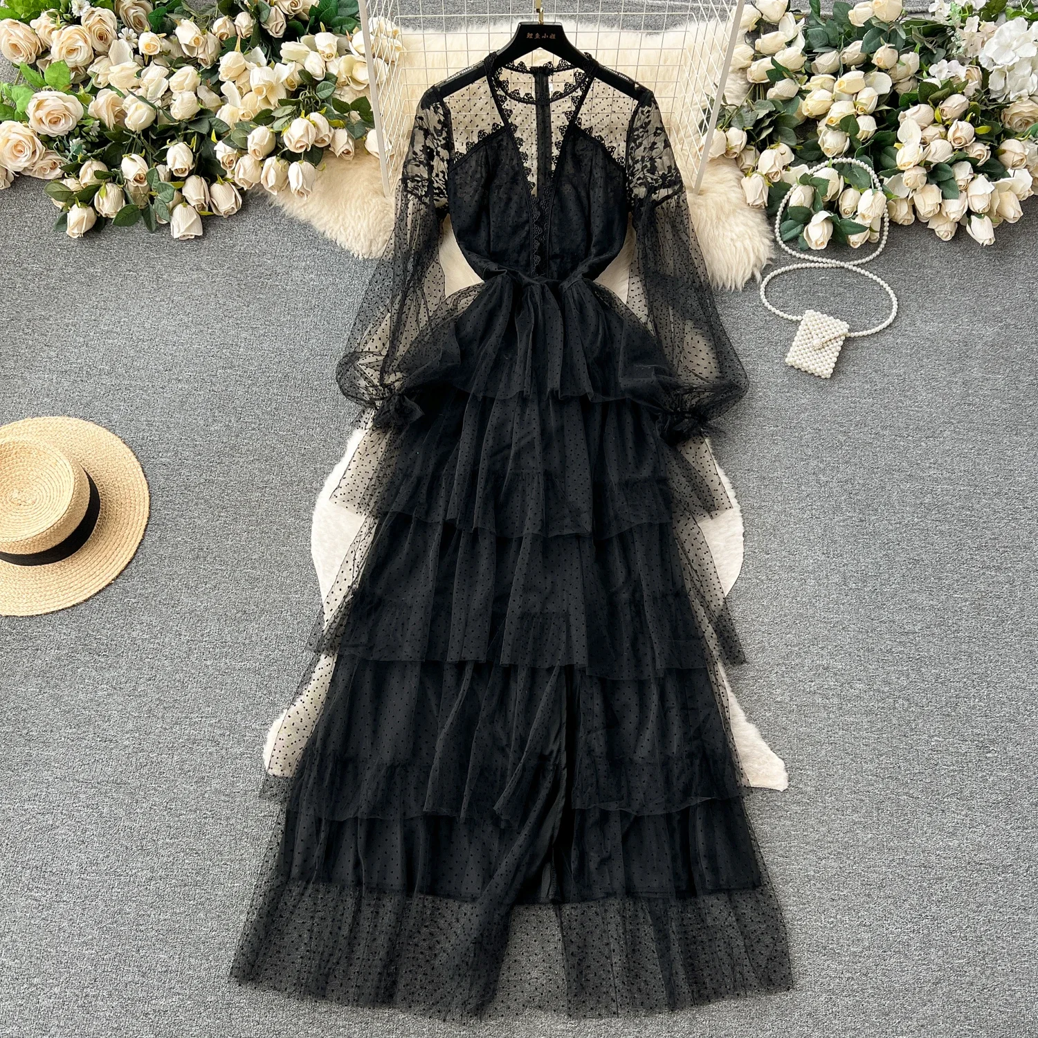 Elegant Long Sleeve Vintage O-neck Chic See Through Mesh Slim A-line Fairycore Cake Dresses Vacation High Street Autumn Clothing