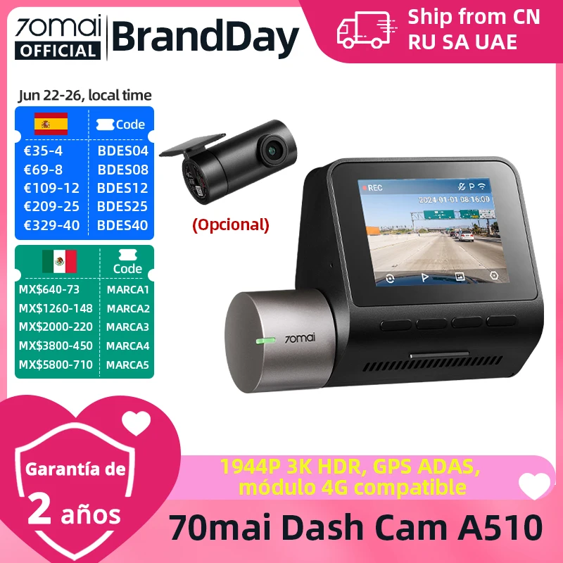 70mai Dash Cam A510 1944P HDR GPS ADAS 4G conectividad 70mai 4G cámara frontal A510 coche DVR 24H soporte de estacionamiento cámara trasera