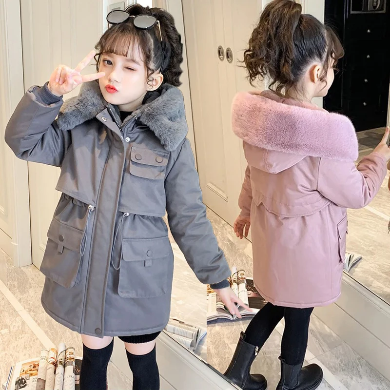 5-14 Years Winter Girls Coat Plus Velvet Keep Warm Jacket For Girls Parka Snowsuit Fashion Hooded Teenagers Children Outerwear