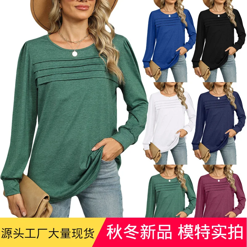 2024Autumn and Winter European and American New Solid ColorUCollar Pleated Long SleeveTWomen's-shirt