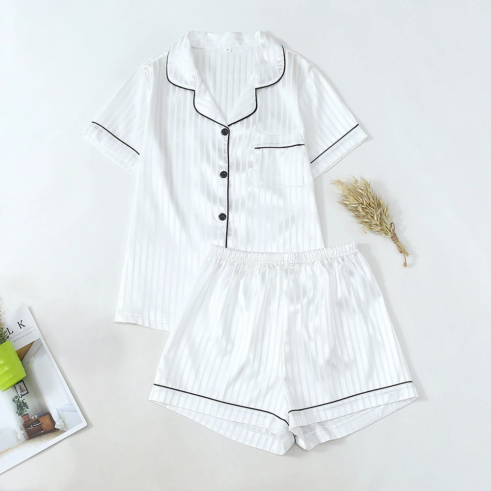 

2Pcs Women Summer Pajamas Set Striped Short-sleeved Shorts Fashion Simple Homewear Button Shirt Tops Loose Loungewear Set