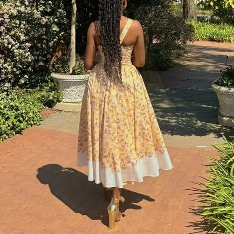 Damska Sukienka Maxi Bez Rękawów na Ramiączkach w Kwiatowy Wzór, Słodka, Długa, Wakacyjna, Plażowa, Wieczorowa, Seksowna, Dziewczęca, Plisowana, na Imprezę, Vestidos