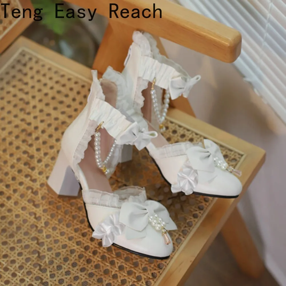 Girls Lolita Mary Jane Sandals Open Heel Cover Sweet Beadwork Feminine Bow Lace Edge Back Zipper Princess Style Ankle Shoes New