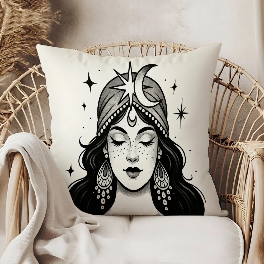 Square Throw Pillow Case White Celestial Goddess Moon Star Print Boho Decorative Cushion Cover For Living Room Bedroom Sofa Chai
