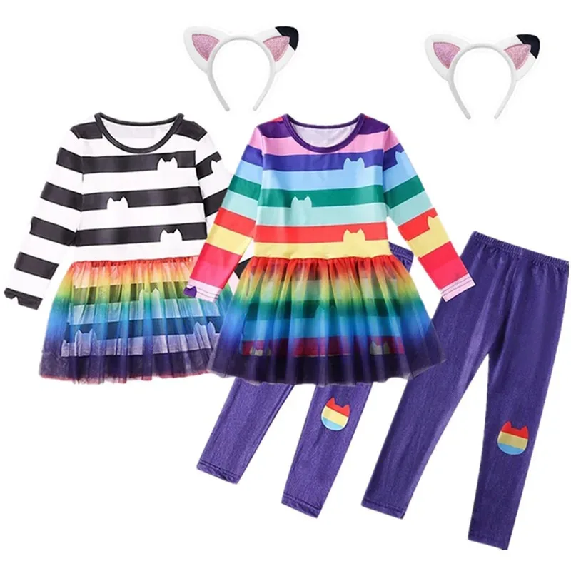 

Комплекты платьев + штанов с рисунком кота Габи для девочек, детский карнавальный костюм на Хэллоуин, Пасху, аниме, кота Габи, детское платье для дня рождения