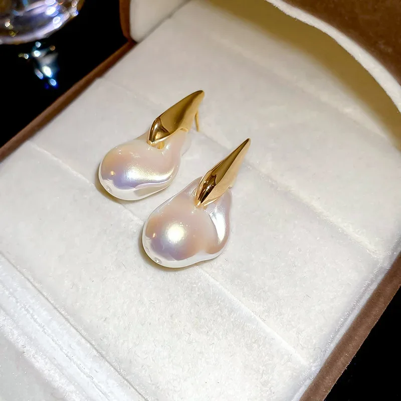 French Baroque Irregular Pearl Drop Earrings for Women Light Luxury Elegant Simple Jewelry