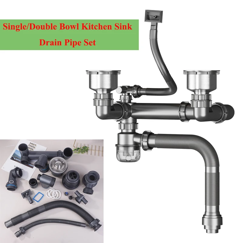 Single/Double Bowl Kitchen Sink Drain Pipe Set Anti-Leak Drainage Kit Easy Install 〔2025E〕