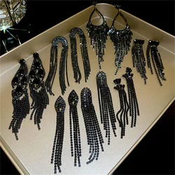 FYUAN Vintage Black Rhinestone Earrings Long Tassel Earrings for Women Party Jewelry