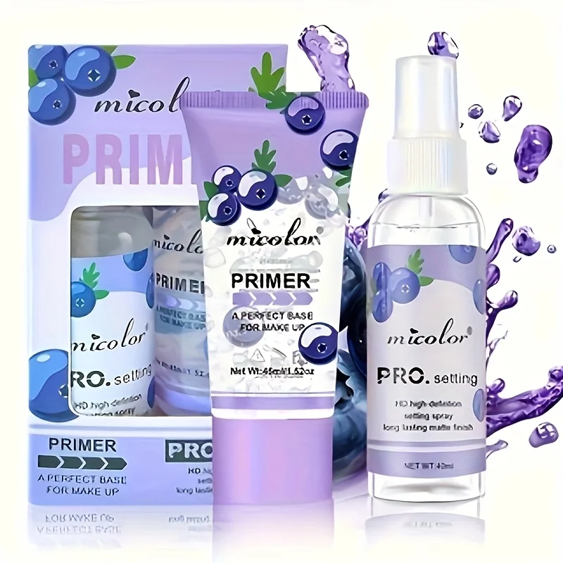 2-teiliges Blueberry Primer- und Setting-Sprühset – feuchtigkeitsspendende Make-up-Basis + langanhaltendes, mattes Finish