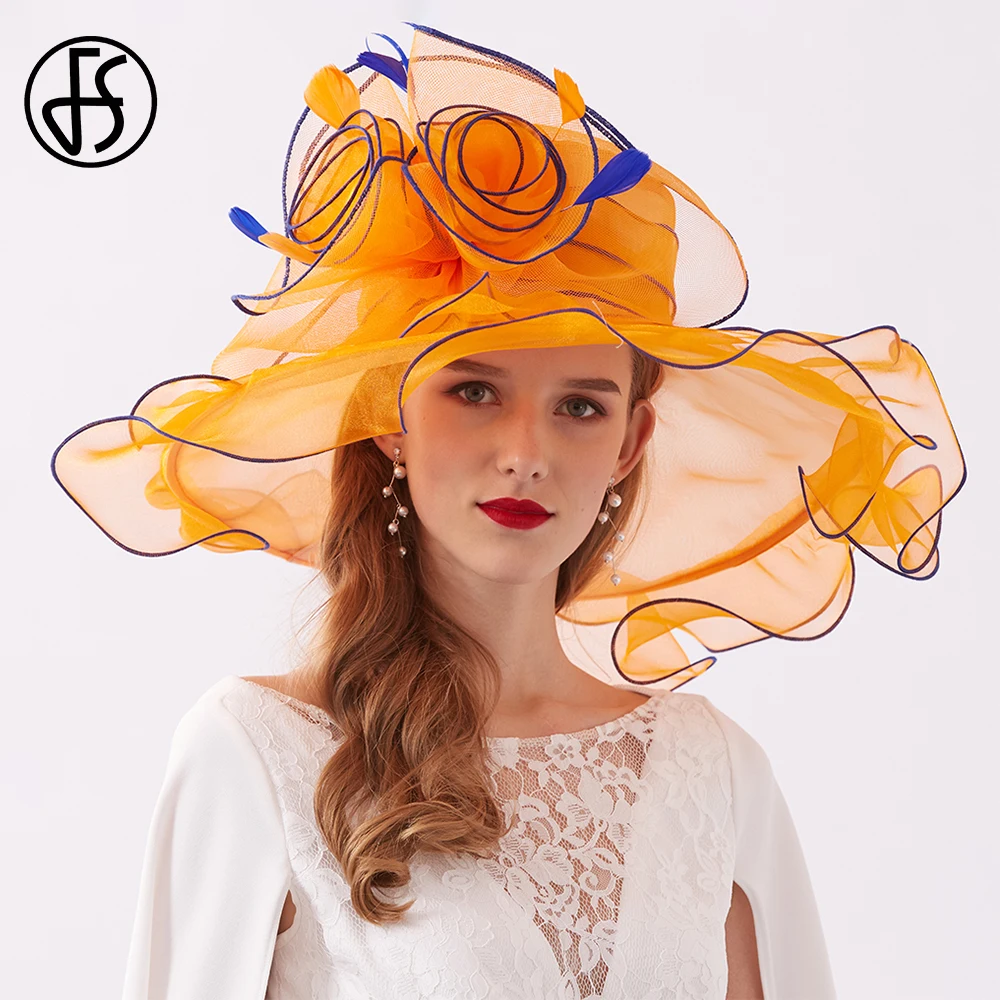 FS Organza Kentucky Derby Hats For Women Wide Brim Beach Cap Veil Flower Feather Wedding Elegant Church Party Fedoras 2023