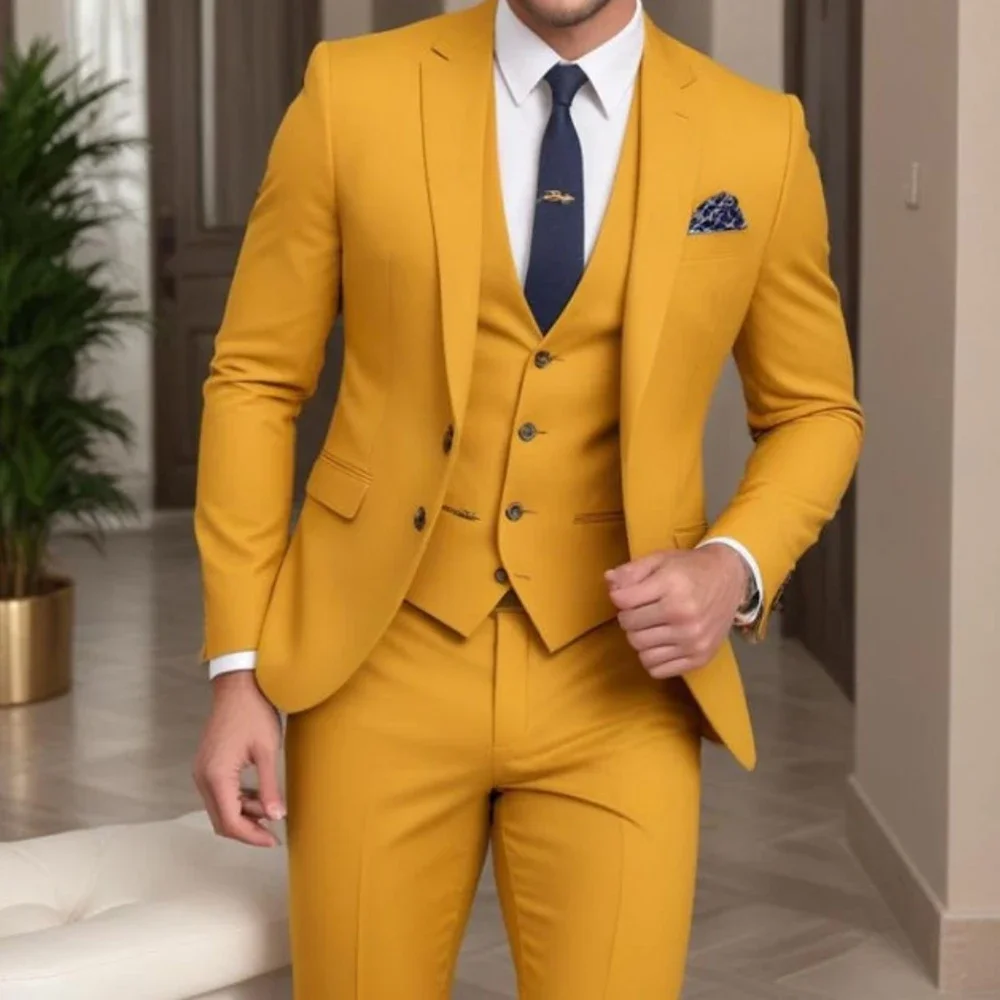 Custom Made Yellow Men's Suits Single Breasted Notch Lapel Formal 3 Pieces Jacket Pants Vest Sets Male Clothing Terno men suit