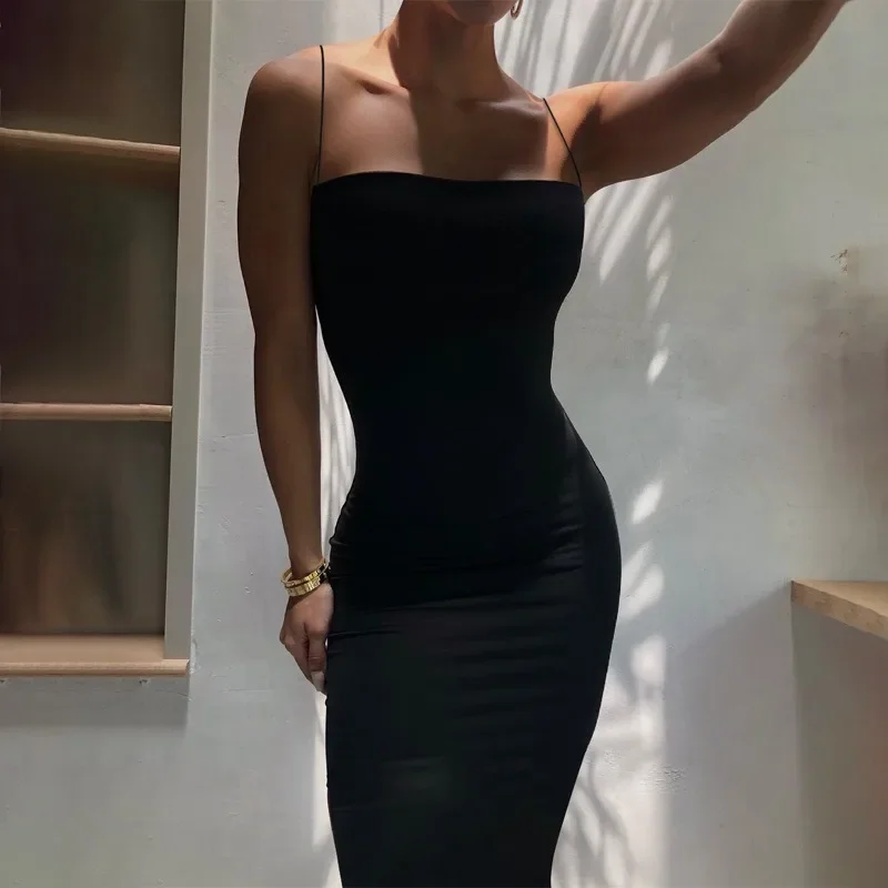 

ALTDITS New Solid Sexy Dress Women 2024 Streetwear Y2k Black Sleeveless Backless Strap Bodycon Dress Elegant Clubwear Dresses