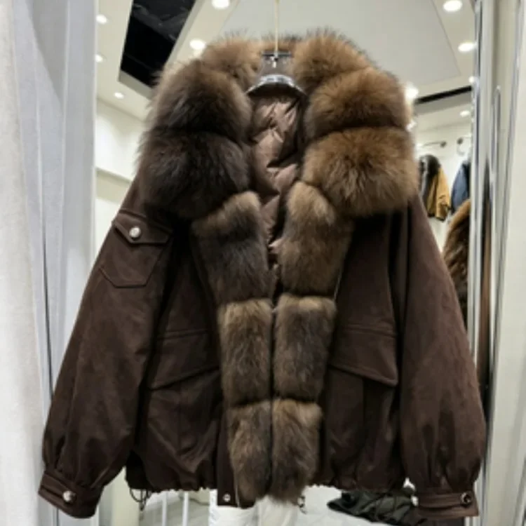 OFTBUY Real Suede Jacket Winter Warm Button Thick Padded Fashion Loose Outerwear Women Luxury Fox Fur Collar Duck Down Parka