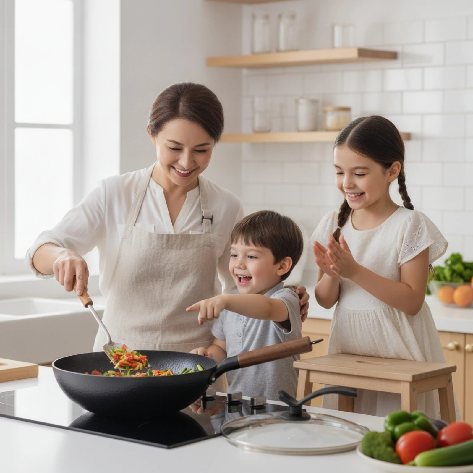 Wok with Lid Hand-Forged Iron Wok Cookware Heavy-Duty for Chefs, Daily Cooking, Kitchen