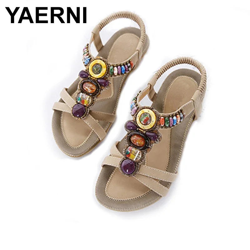 YAERNI Sandals Women new national wind sandals Bohemian flat shoes beaded large size shoes beach shoes Women NBT537