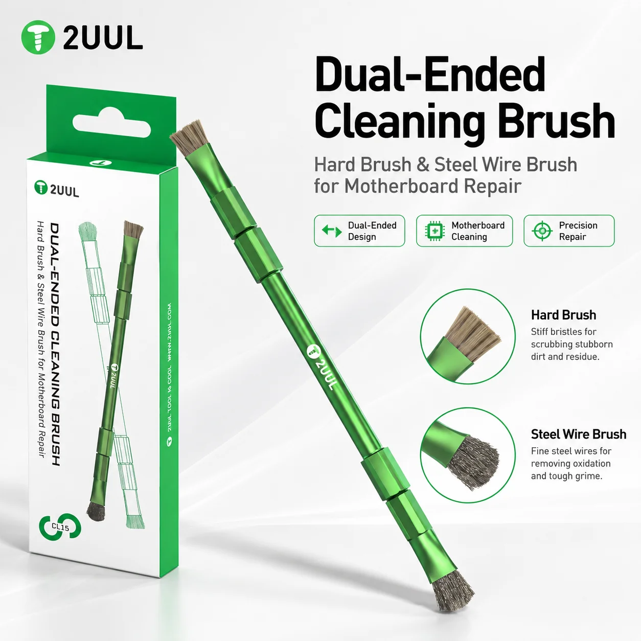 2UUL CL15 Dual-Ended Cleaning Brush Hard Brush & Steel Wire Brush for Phone Motherboard PCB Dust Flux Oxidation Repair Tool