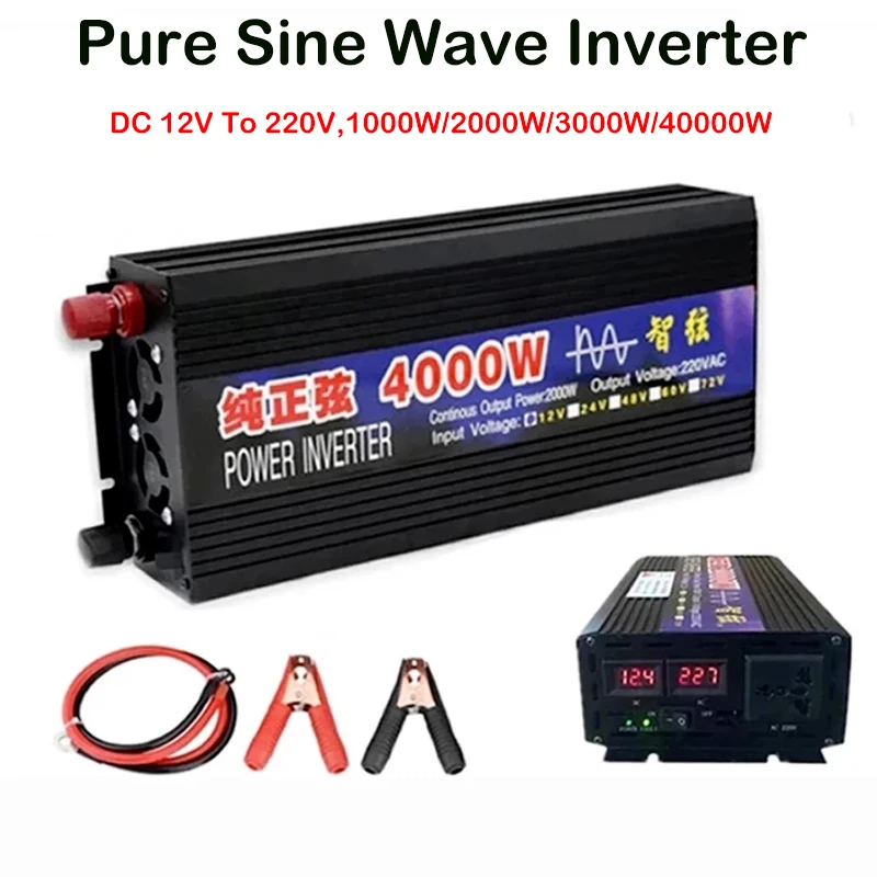 2000W 3000W 4000W Pure Sine Wave Inverter DC 12V To AC 220V 50Hz Voltage Transformer Converter Solar Off Grid Power Inverters