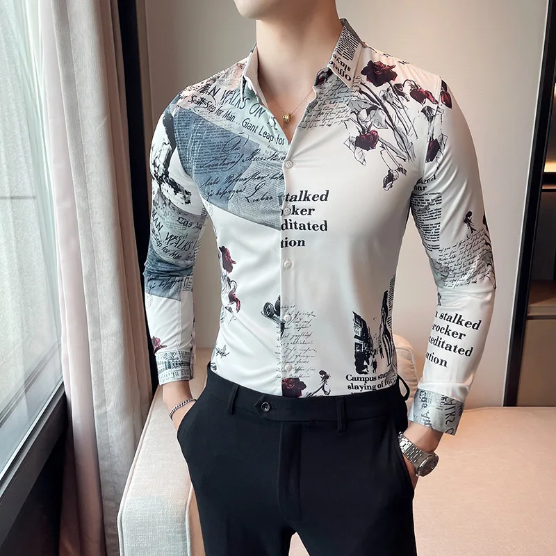 2022 Cotton Floral Print Men Shirts Long Sleeve Mens Casual Shirt Slim Men Flower Printing Dress Shirts camisa masculina S-4XL