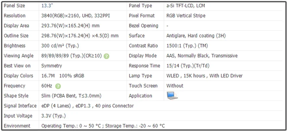 N133DCE-GT1 13.3 inch Laptop LCD Screen IPS Panel Slim FHD 1920x1080 EDP 30pins 60Hz  100% sRGB UHD 3840x2160 300 cd/m² (Typ.)