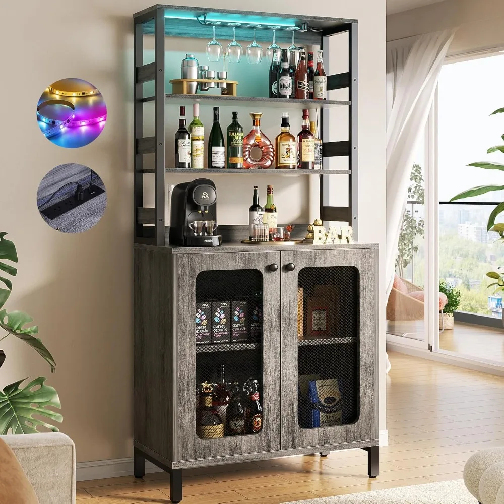 

Bar Cabinet with Power Outlets, 67 Tall Wine Bar Cabinet Liquor Cabinet with LED Lights and Glass Holder, Coffee Bar Station