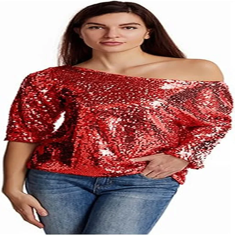 2025 European and American new style loose sequin sloping shoulder short sleeved casual sequin deep V-shirt