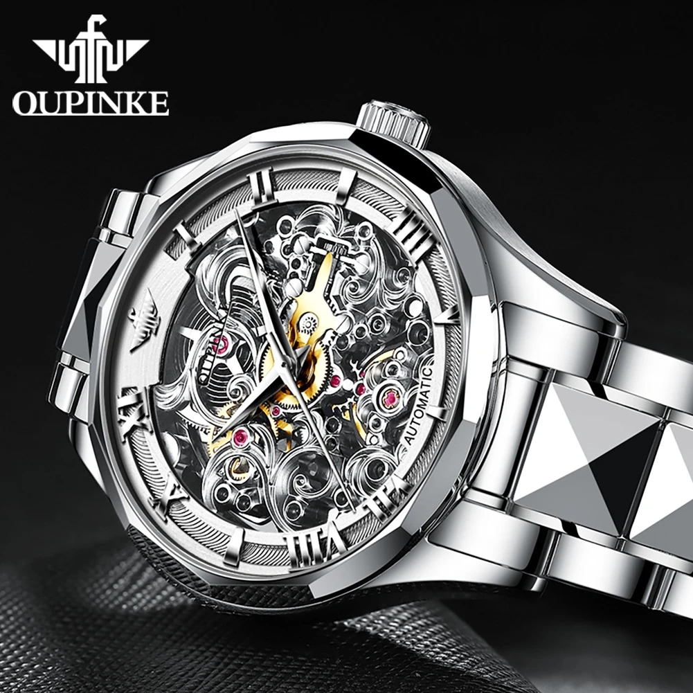 

OUPINKE 3168 Mens Watch Skeleton Fully Automatic Mechanical Watch﻿ 50M Waterproof Tungsten Steel Watches For Man Original Reloj
