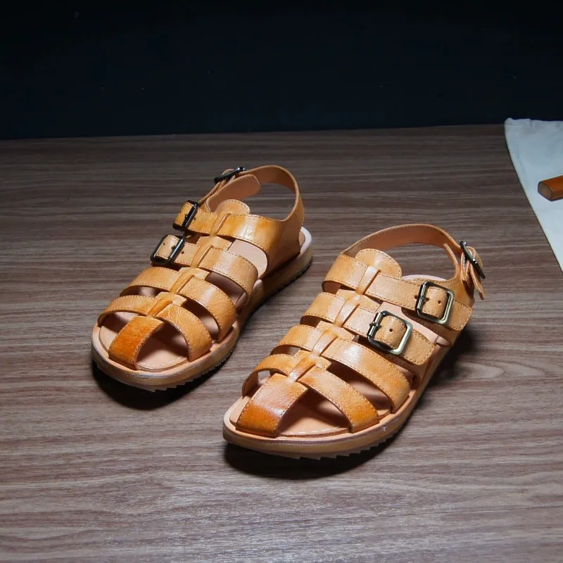 Hand-washed Kangaroo Leather Hollow-out Gladiator Sandals Men Summer Outdoor Beach Comfortable Soft-soled Retro Casual Shoes
