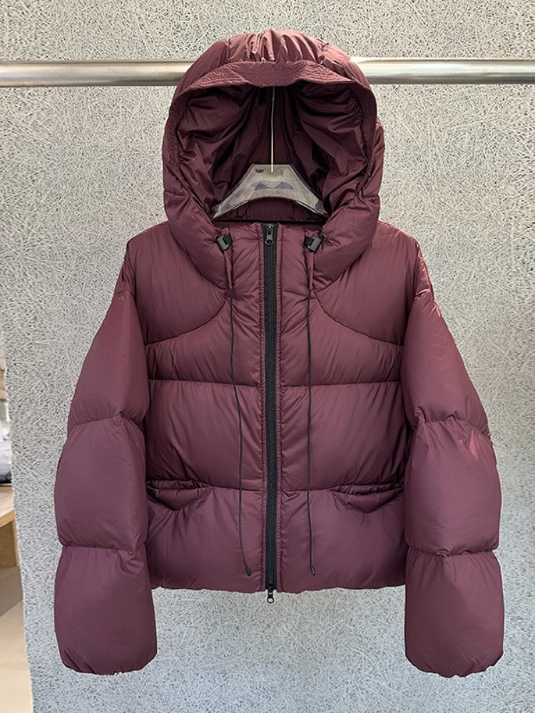 90% الأبيض بطة أسفل سترة المرأة عادية كبيرة الحجم رمادي مقنعين كم طويل نفخة معطف 2025 سميكة الدافئة الصلبة قصيرة سترات أبلى