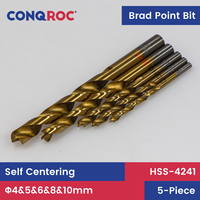 5 Pieces Brad Point Drill Bits Set HSS-4241 Self-Centering Diameter-4,5,6,8,10mm Titanium Coated Woodworking Hole Openers