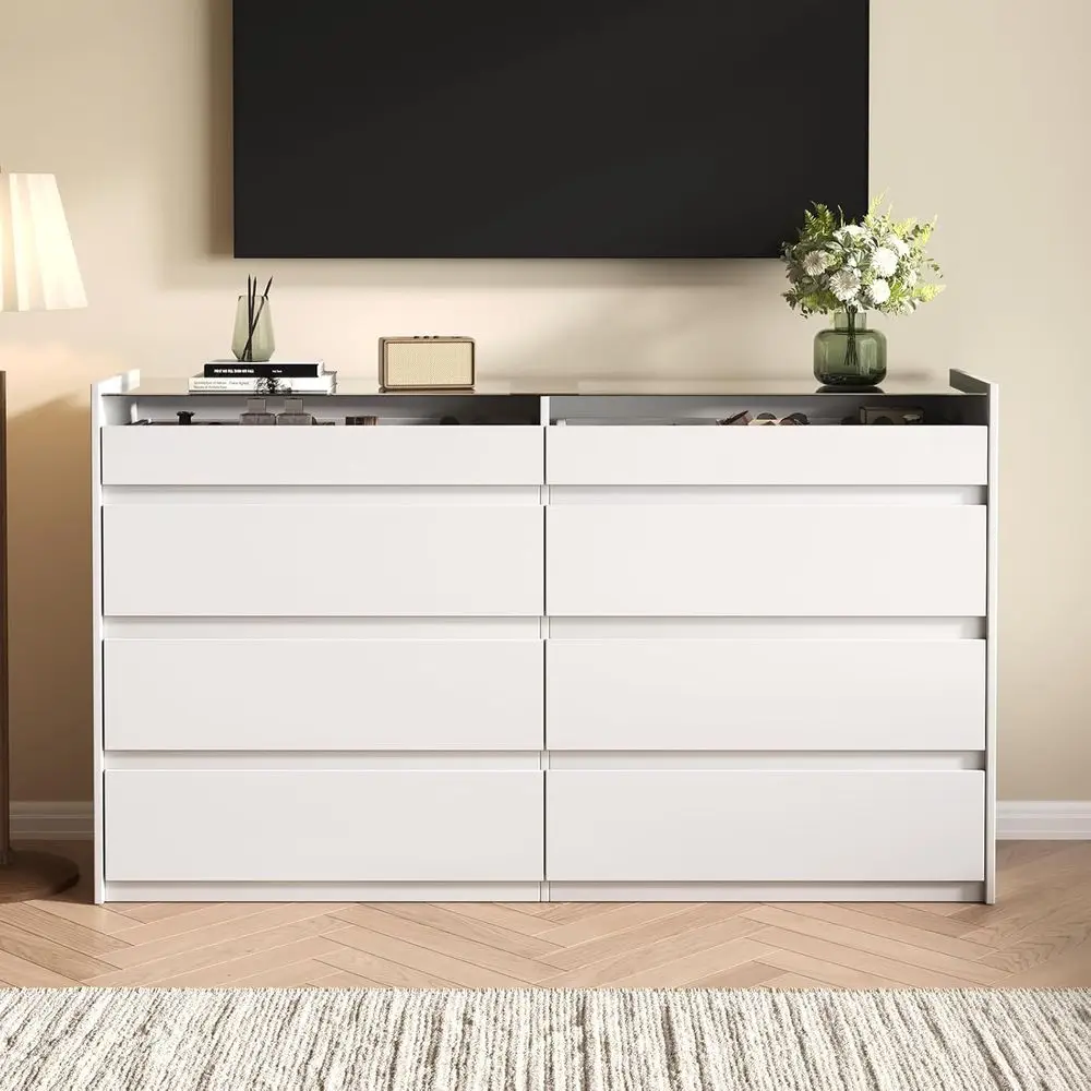 خزانة غرفة نوم حديثة ذات 8 أدراج مع سطح زجاجي وإضاءة LED وتخزين المجوهرات